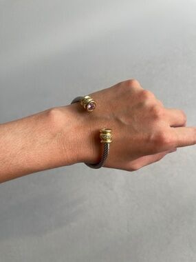 Two Tone Cable Cuff Bracelet Pink Stone Rhinestone Gold Silver Tone